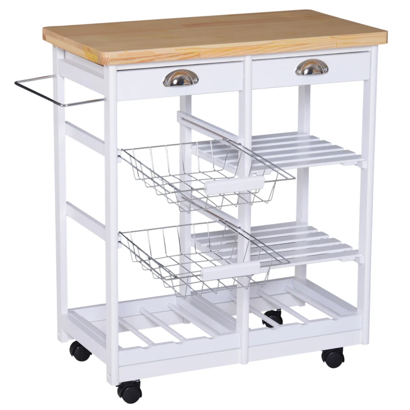 HOMCOM Carrito Auxiliar con Ruedas Carrito Verdulero Carro de Cocina con 2 Cajones 2 Cestas y 2 Estantes 74x37x76 cm Blanco