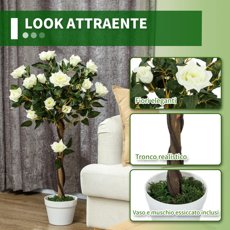 Outsunny Pianta Finta di Rosa da 21 Fiori con Vaso Riempito in Cemento e Muschio, Ø18x90 cm, Bianco