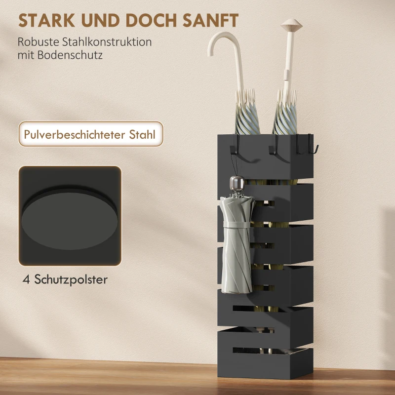 HOMCOM Parapluhouder, metalen standaard voor paraplu's, vrijstaande parapluhouder met haken en opvangschaal, plaats voor 8 paraplu's, Zwart