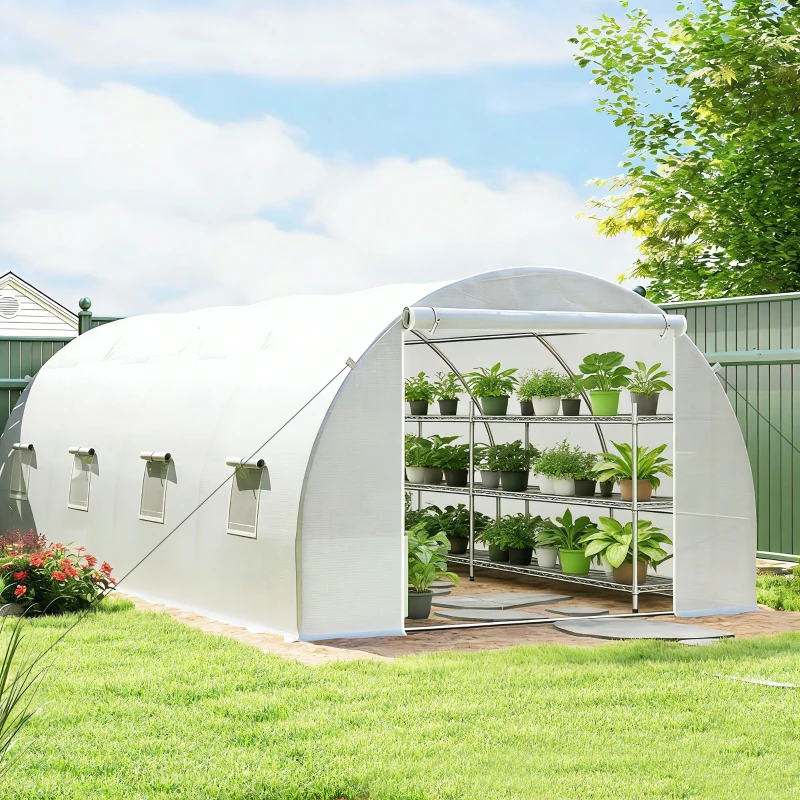 Outsunny 6 x 3 x 2 m Polytunnel Greenhouse, Walk in Polytunnel Tent with Metal Frame, Zippered Door and 8 Windows for Garden and Backyard, White