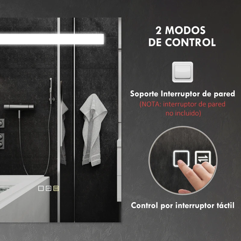 HOMCOM Espejo de Baño con Luz LED 70x50 cm con 3 Colores de Luz Función Antivaho Función de Memoria IP44