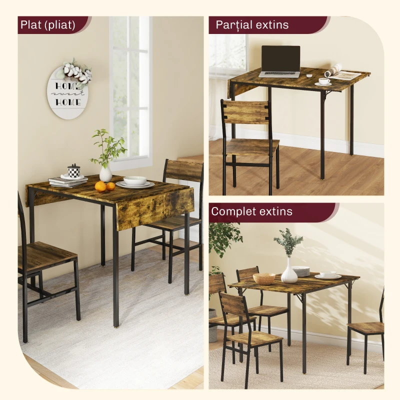Homcom Masa Stil Industrial 120×79×79 cm – Pliabila cu Laturi Extensibile