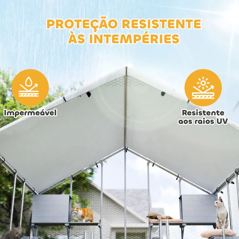 PawHut Gaiola Grande para Gatos Exterior com 2 Casinhas 7 Plataformas para Saltar Cobertura Impermeável e Anti-UV 240x193x195 cm Prata