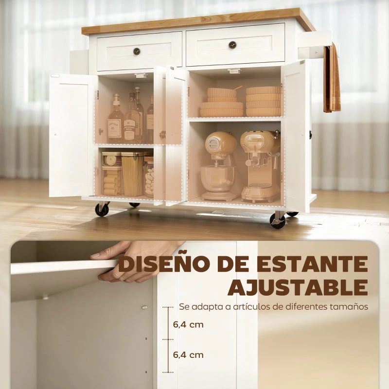 HOMCOM Isla de Cocina con Ruedas Mueble Auxiliar de Cocina con Especiero y Barra Lateral 111x44,5x82,5 cm Blanco