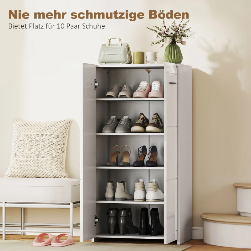 HOMCOM Schuhschrank in Hochglanz, Schuhaufbewahrung mit Verstellbaren Regalböden für Flur, Diele, Platz für 10 Paar, Weiß