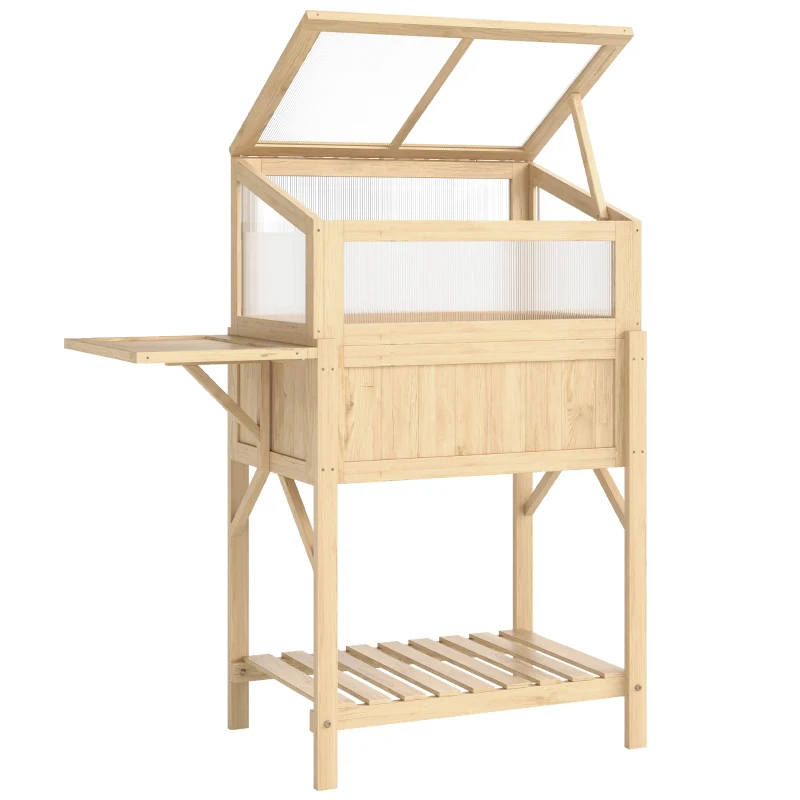 Outsunny Carré potager sur pieds avec serre, jardinière surélevée, table latérale pliante et étagère, 104x50x120cm, bois naturel
