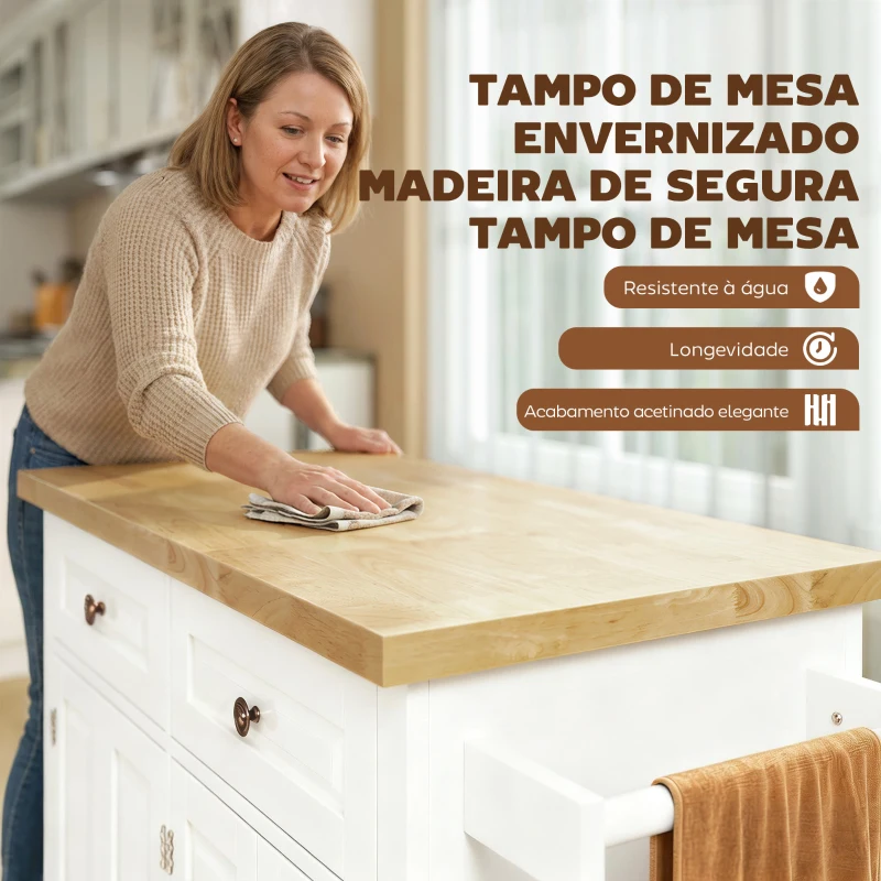 HOMCOM Ilha de Cozinha com Rodas 2 Gavetas 4 Portas Suporte para Temperos e Barra Lateral 111x44,5x82,5cm Branco e Madeira