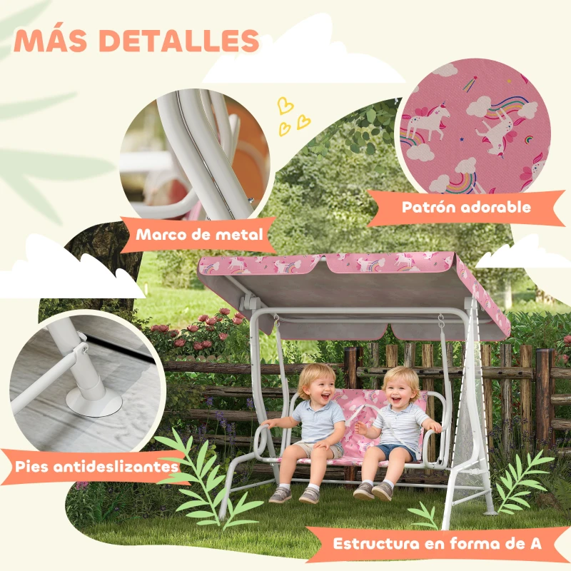 AIYAPLAY Columpio Jardín Exterior para niños 2 Plazas Toldo Ajustable Cinturones de Seguridad Diseño de Unicornio Arcoíris Rosa