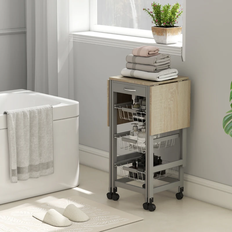 HOMCOM Carrello da Cucina con 3 Cestini, Cassetto e 2 Ribalte, in Legno e Metallo, 37x37x77.5 cm, Grigio e Rovere