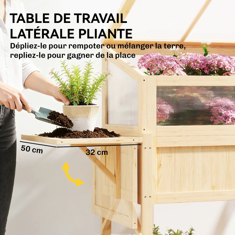 Outsunny Carré potager sur pieds avec serre, jardinière surélevée, table latérale pliante et étagère, 104x50x120cm, bois naturel