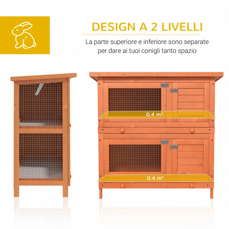 PawHut Gabbia a Due Piani per Conigli, Conigliera da Esterno in Legno di Abete, 90x45x90 cm, Legno e Verde
