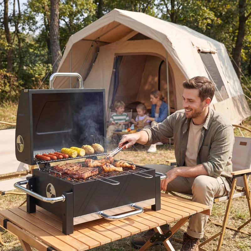 Outsunny Steel Charcoal Grill Portable BBQ Smoker with Lid Adjustable Vents Two-Stage Charcoal Pan Thermometer