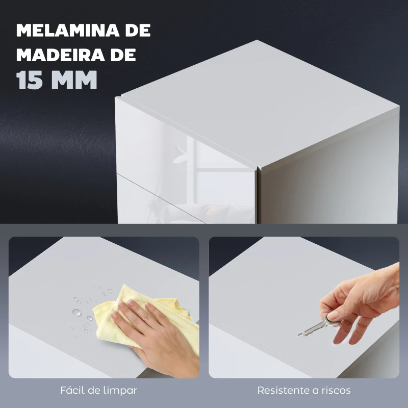 HOMCOM Mesa de Cabeceira com Faixa de Luz LED Multicolor Mesa Auxiliar com 3 Gavetas Estilo Moderno 40x35x60 cm Branco Brilhante