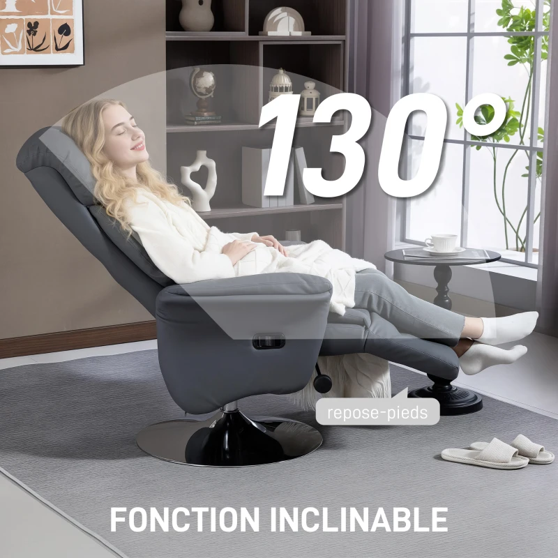 HOMCOM Fauteuil de relaxation inclinable pivotant repose-pied réglable, jusqu'à 120 kg, pour salon, chambre, home cinéma, gris(m-4)