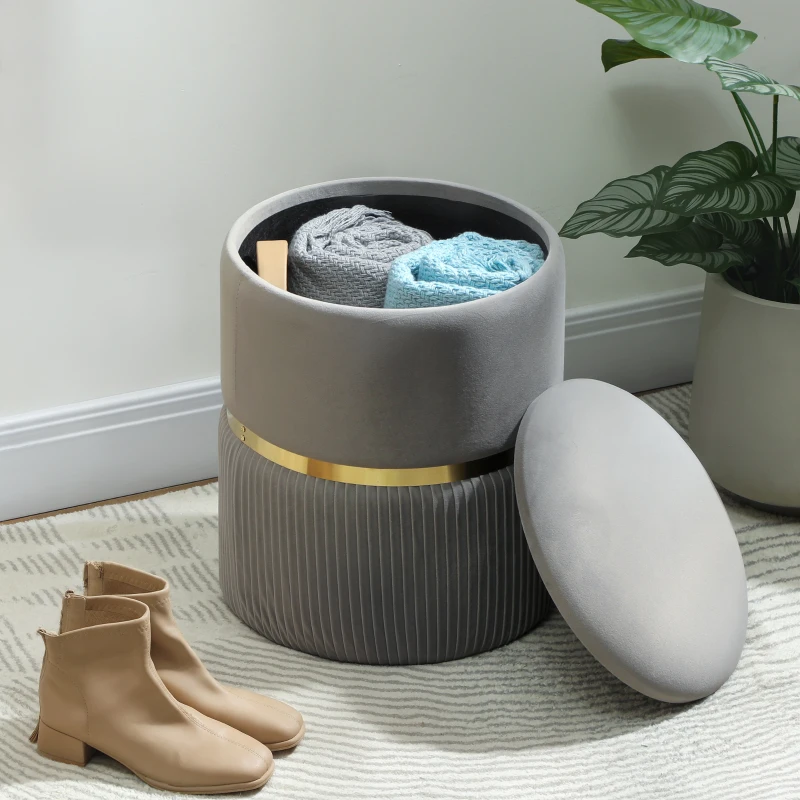 HOMCOM Pouf de rangement rond, pouf recouvert de velours avec couvercle amovible, assise rembourrée et rangement dissimulé, Gris clair