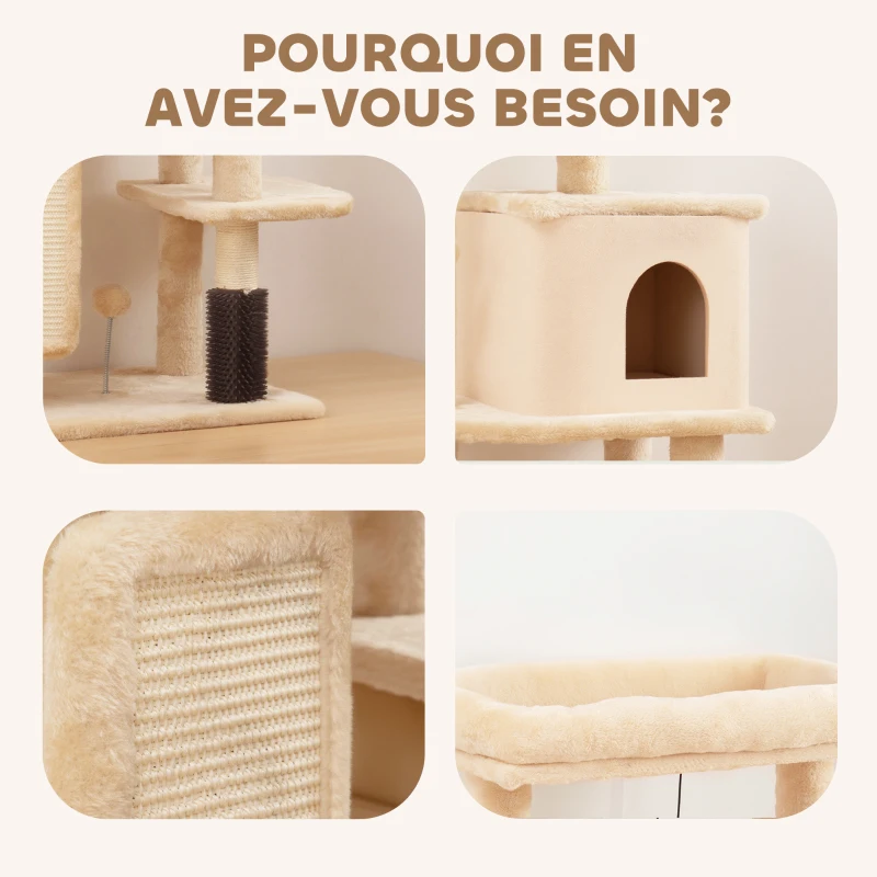 PawHut Arbre à chat, tour de jeux, hauteur de 132 cm, avec lit, maison, brosse de toilettage,  55 x 44 x 132 cm, beige