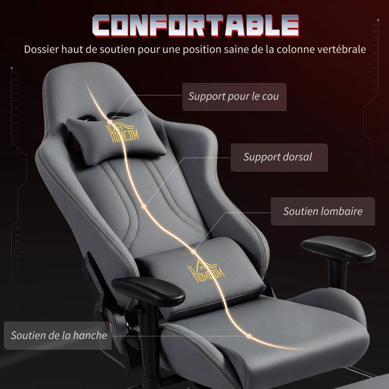 HOMCOM Chaise gaming ergonomique, fauteuil gamer avec accoudoirs 3D, dossier inclinable, hauteur réglable, 72x76x132cm, gris