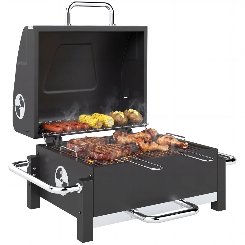Outsunny Steel Charcoal Grill Portable BBQ Smoker with Lid Adjustable Vents Two-Stage Charcoal Pan Thermometer