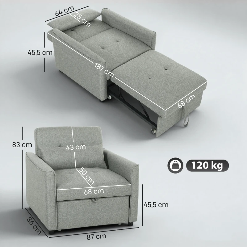 HOMCOM Fauteuil-lit 3-en-1, fauteuil canapé-lit extensible avec dossier réglable, Grau