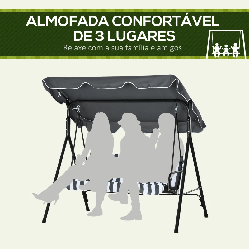 Outsunny Balanço de Jardim Exterior Baloiço de 3 Lugares com Toldo Ajustável e Estrutura de Aço 172x110x153 cm Cinzento e Branco