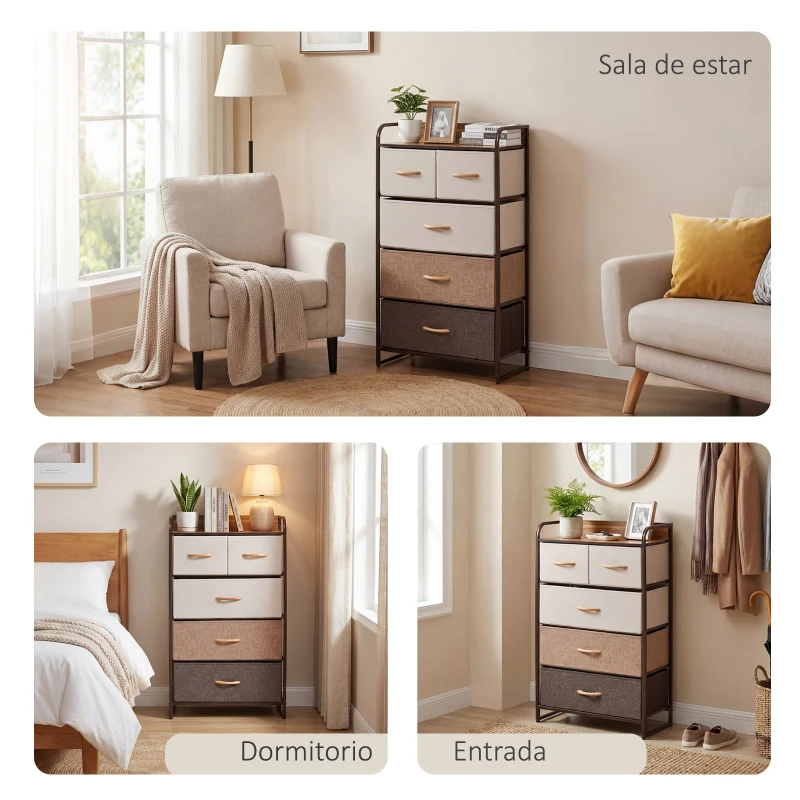 HOMCOM Cómoda para Dormitorio con 5 Cajones Plegables Parte Superior de Madera y Marco Metálico 58x29x99 cm Multicolor