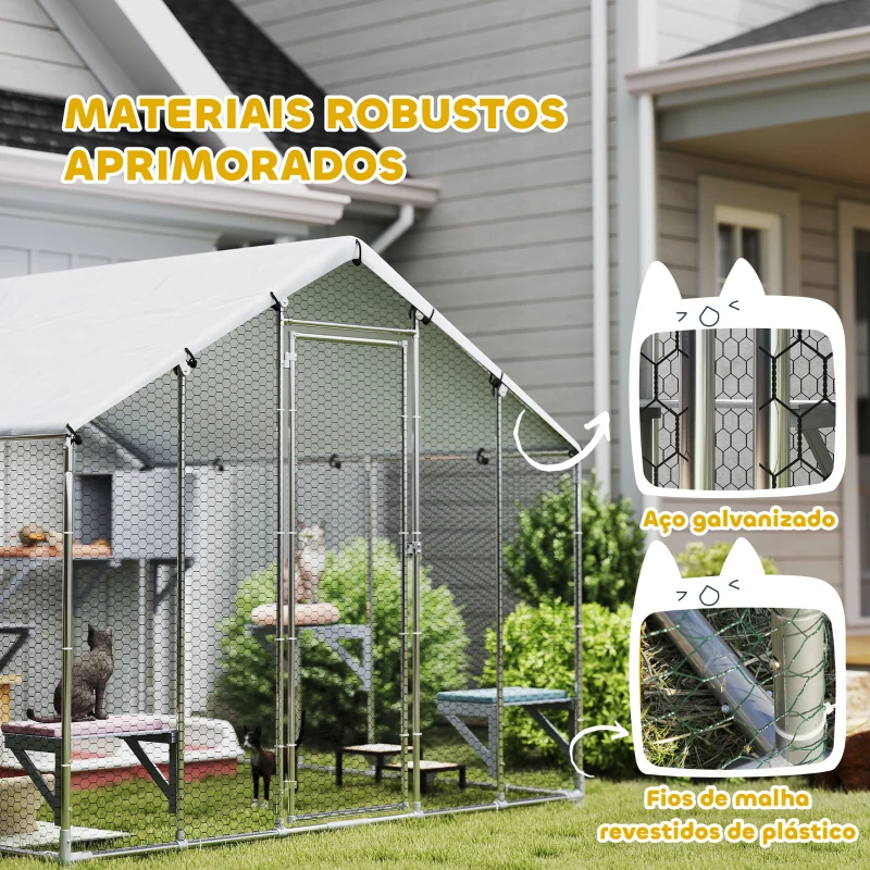 PawHut Gaiola Grande para Gatos Exterior com 2 Casinhas 7 Plataformas para Saltar Cobertura Impermeável e Anti-UV 240x193x195 cm Prata