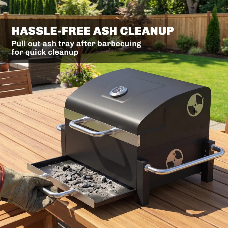 Outsunny Barbecue au charbon en acier portable, fumoir BBQ avec couvercle, aérations réglables, bac à charbon à deux niveaux, thermomètre