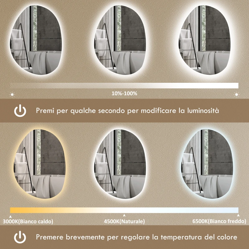 HOMCOM Specchio da Bagno Illuminato a LED con Colore e Temperatura Regolabile, in Vetro Temperato, 70x5x50 cm, Argento