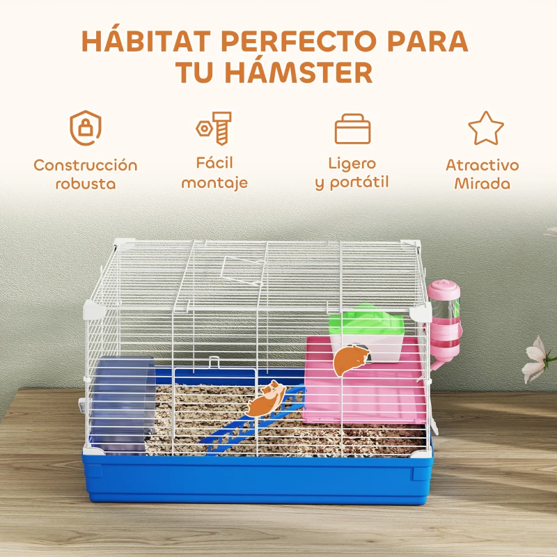 PawHut Jaula para Hámster Casa para Roedores con Rueda de Ejercicio Cuenco Bebedero Casita Rampas para Jerbos 47x30x27 cm Azul