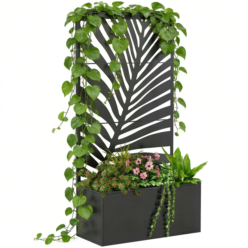 Outsunny Canteiro Vaso com Tela de Privacidade Vaso para Plantas Metal Treliça de Jardim 90x40x180 cm Preto
