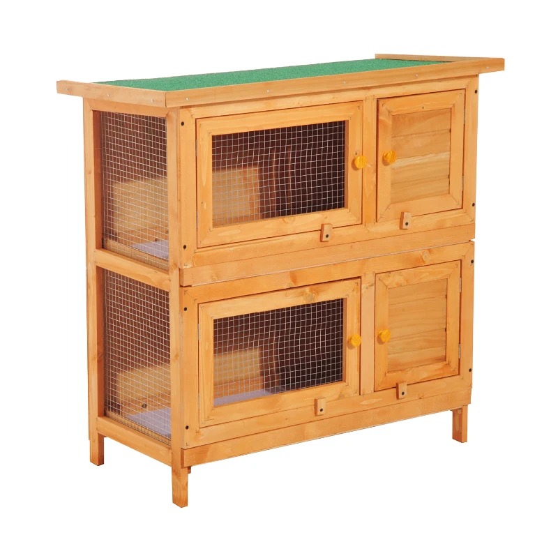 PawHut 2-Tier Wooden Rabbit Hutch Guinea Pig Hutch Duck House Double Decker Pet Cage with Sliding Tray