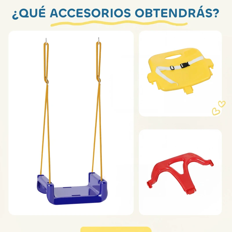 Outsunny Columpio Infantil 3 en 1 Cuerda Ajustable con Respaldo Desmontable Barra en T Cinturón de Seguridad Azul Oscuro