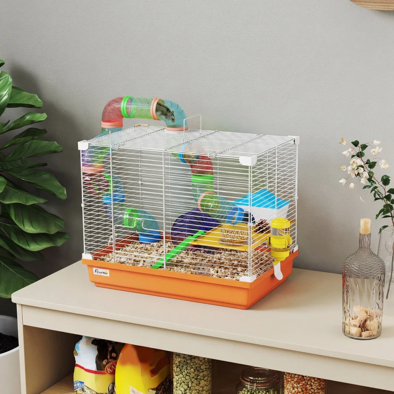 PawHut Cușcă pentru Hamster cu Tunel Bol Adăpătoare Căsuță Rampă Roată de Exerciții Tăviță Detașabilă 46x30x37 cm Portocaliu