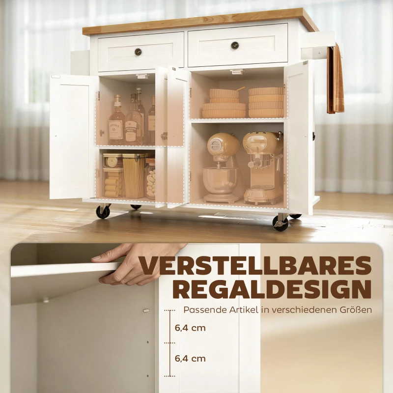 HOMCOM Küchenschrank, Servierwagen, Kücheninsel mit Rollen, Küchenwagen, Küchenregal mit Schublade und verstellbares Regal, Gummiholz, MDF, Spanplatte, Weiß, 111 x 44,5 x 82,5 cm