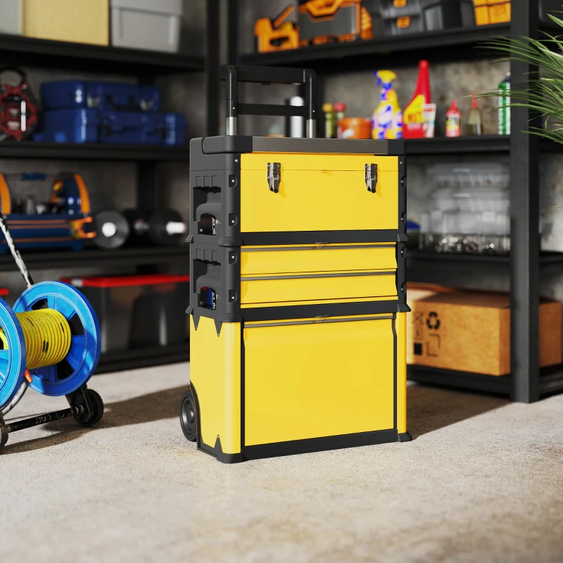 HOMCOM Lot de 3 boîtes à outils sur roulettes empilables et modulaires en acier avec plateau, poignées et serrure, jaune