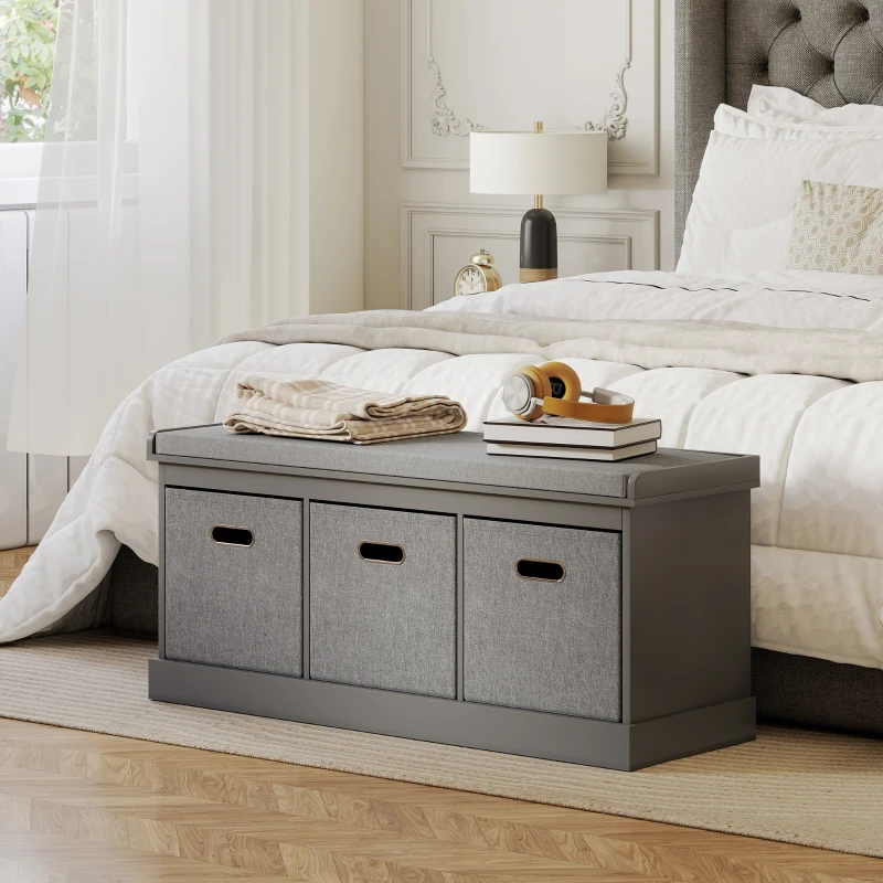 HOMCOM Three-Drawer Shoe Storage Bench, with Padded Top Seat - Grey