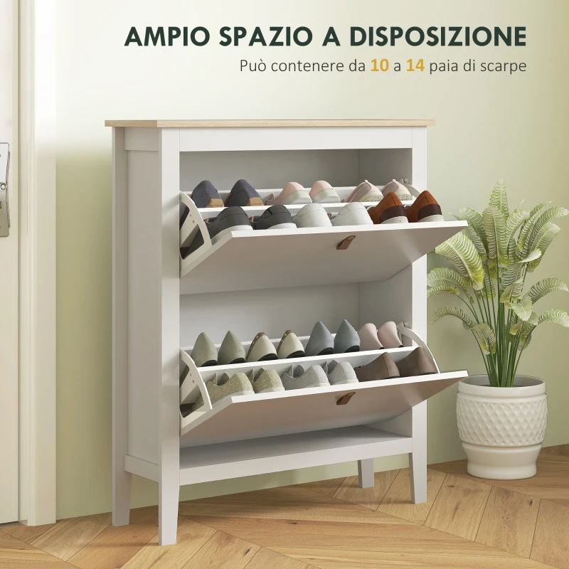 HOMCOM Scarpiera Slim 2 Cassetti per 14 Paia di Scarpe Taglia EU44 e Ripiani Regolabili, 80x24x95.5cm, Bianco