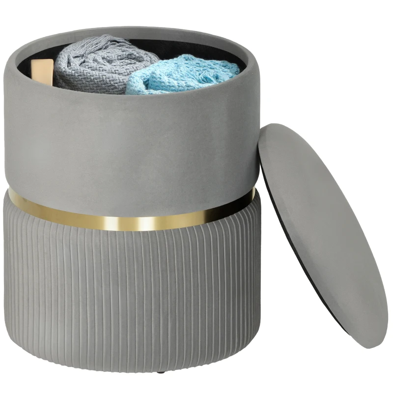 HOMCOM Pouf contenitore rotondo in velluto con coperchio rimovibile e seduta imbottita, Grigio chiaro
