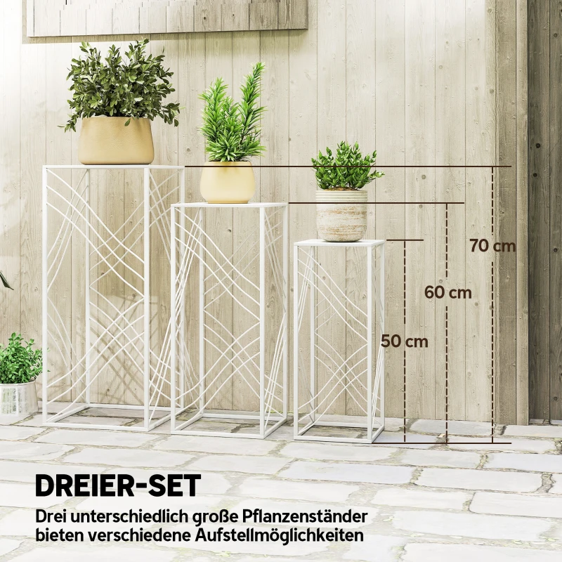 Outsunny 3er-Set Pflanzenständer, 50/60/70 cm hoch Blumenständer, stapelbar Pflanzenregal aus Metall Weiß