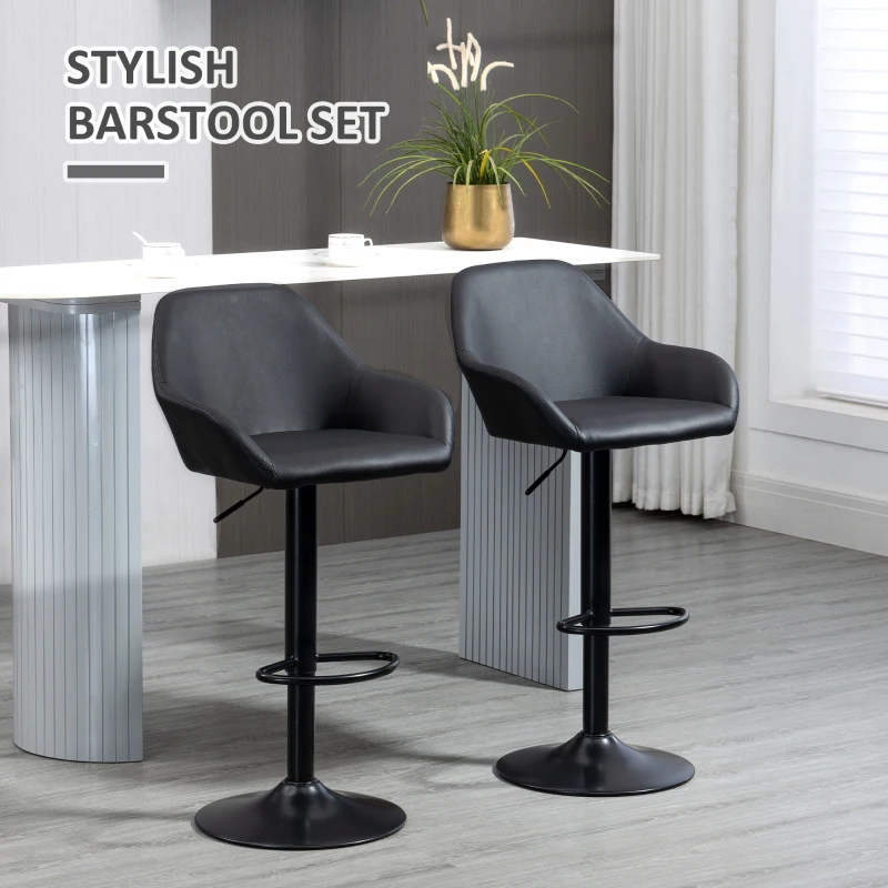 HOMCOM Adjustable Bar Stools Set of 2, Swivel PU Leather Barstools with Backrest & Footrest, Black