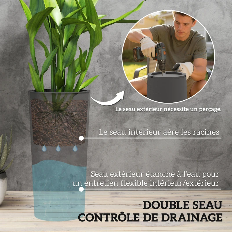 Outsunny Lot de 2 pots de plantes empilables, jardinières hautes en plastique, bac intérieur et trous de drainage, Ø35x60cm, gris