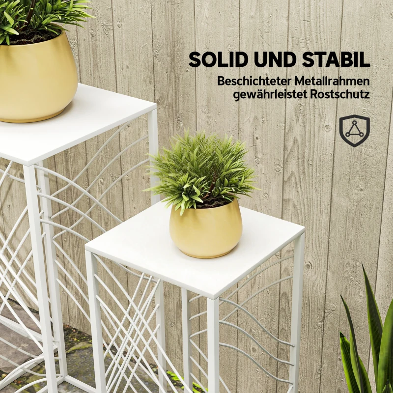 Outsunny 3er-Set Pflanzenständer, 50/60/70 cm hoch Blumenständer, stapelbar Pflanzenregal aus Metall Weiß