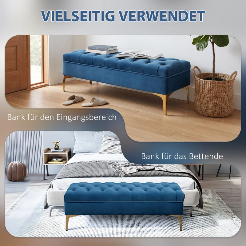 HOMCOM Sitzbank Bettbank Schuhbank mit erhöhten Beine Schlafzimmer Samt Blau