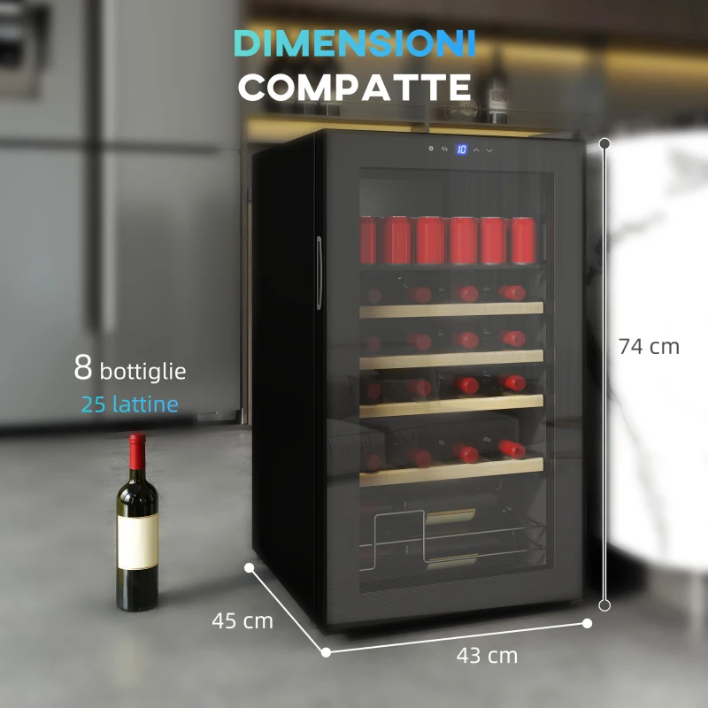 HOMCOM Cantinetta Frigo per Vino da 63L con Ripiani Regolabili per 16 Bottiglie e 25 Lattine, 43x45x74 cm, Nero