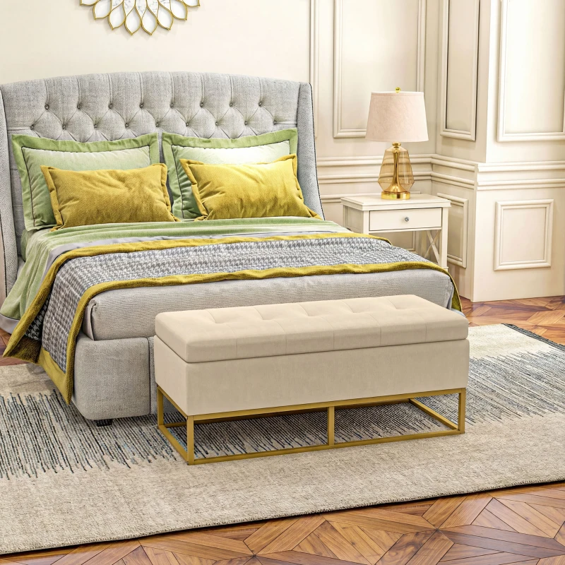 HOMCOM Sitzbank mit Stauraum, dekorative Knopfheftung, Flanelloptik, goldfarbene Stahlbeine, 110 x 47 x 46,5 cm