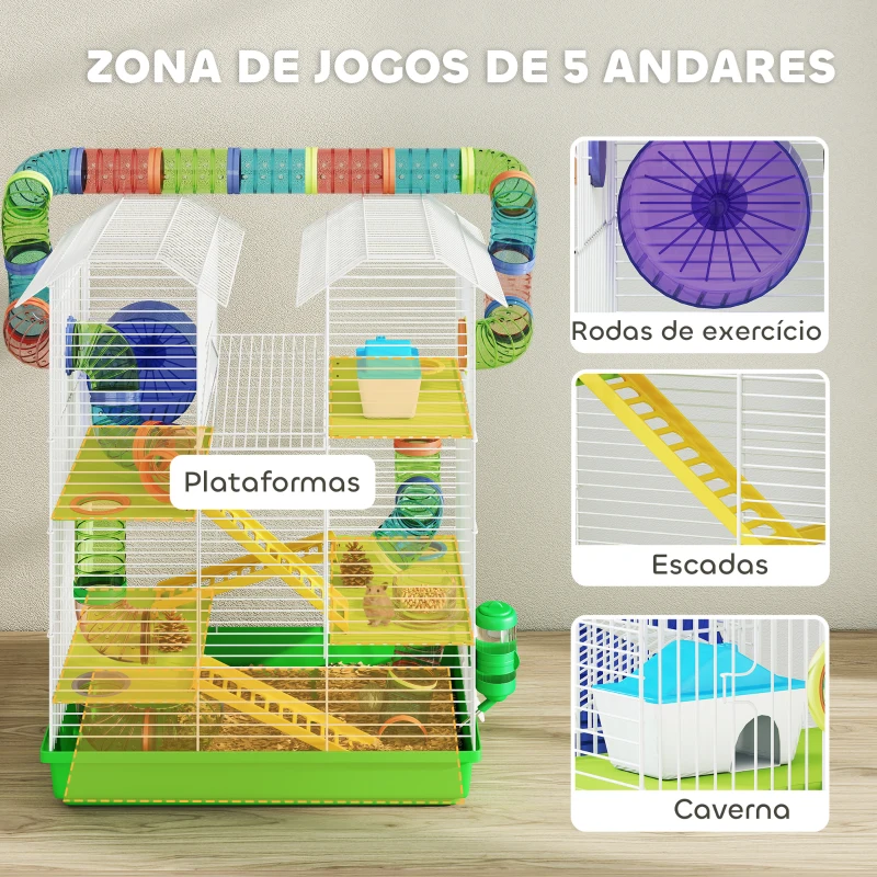 PawHut Gaiola para Hamster de 5 Níveis 47x30x59 cm com Túneis Tigela Bebedouro Casinha Roda de Exercício Rampas Verde