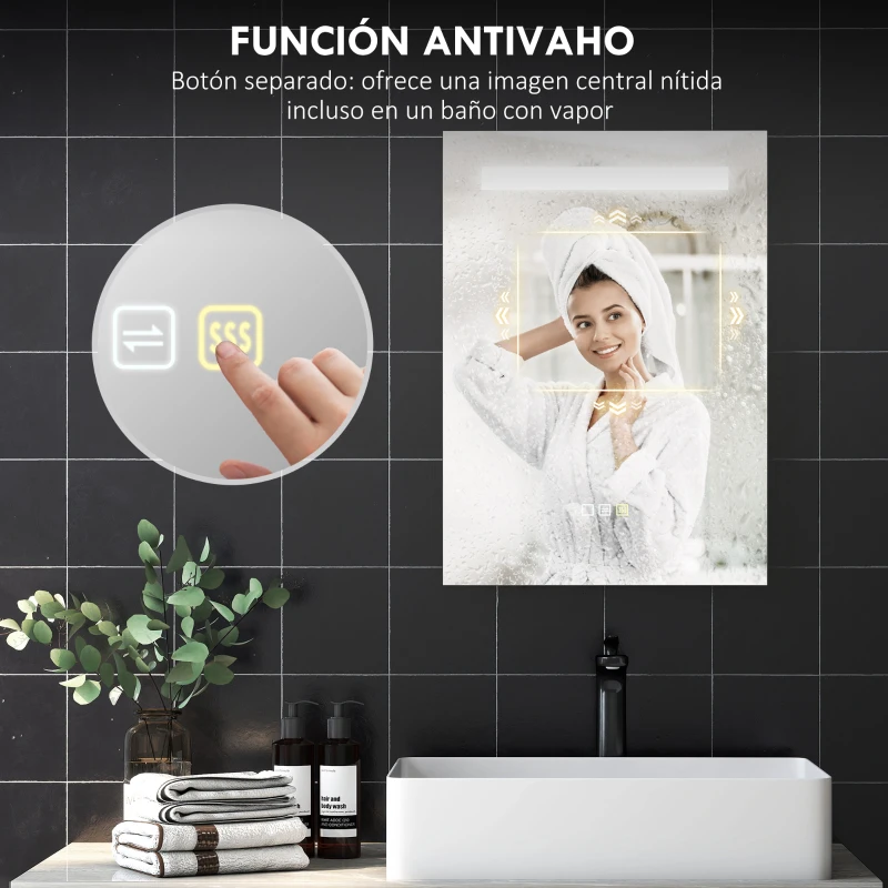 HOMCOM Espejo de Baño con Luz LED 70x50 cm con 3 Colores de Luz Función Antivaho Función de Memoria IP44
