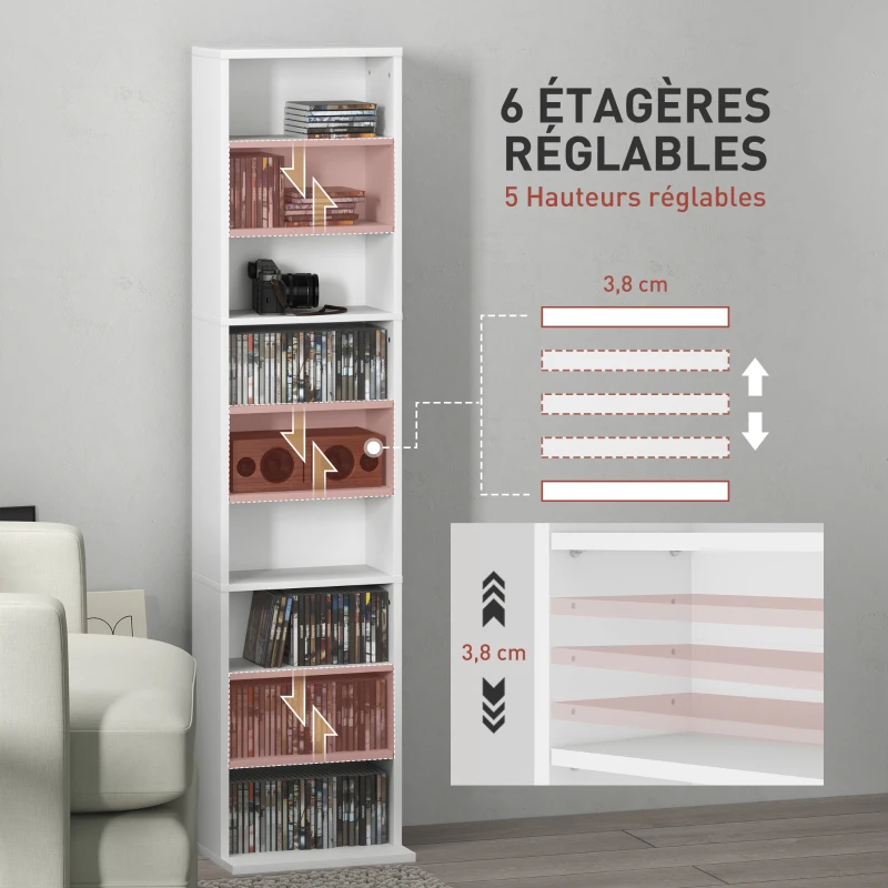 HOMCOM Rangements pour CD et DVD 9 compartiments et 6 étagères réglables capacité max. 260 CD/120 DVD 33 x 24 x 140 cm blanc