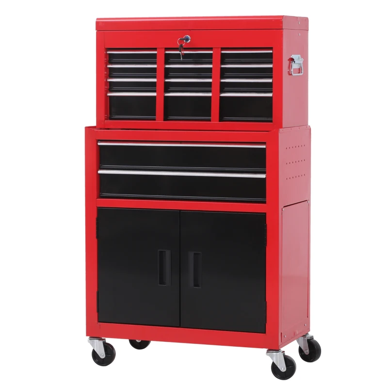 HOMCOM Carrello Porta Attrezzi 2 in 1 con Cassetta Superiore e Armadietto Inferiore, in Metallo, 61.6x33x108 cm, Rosso