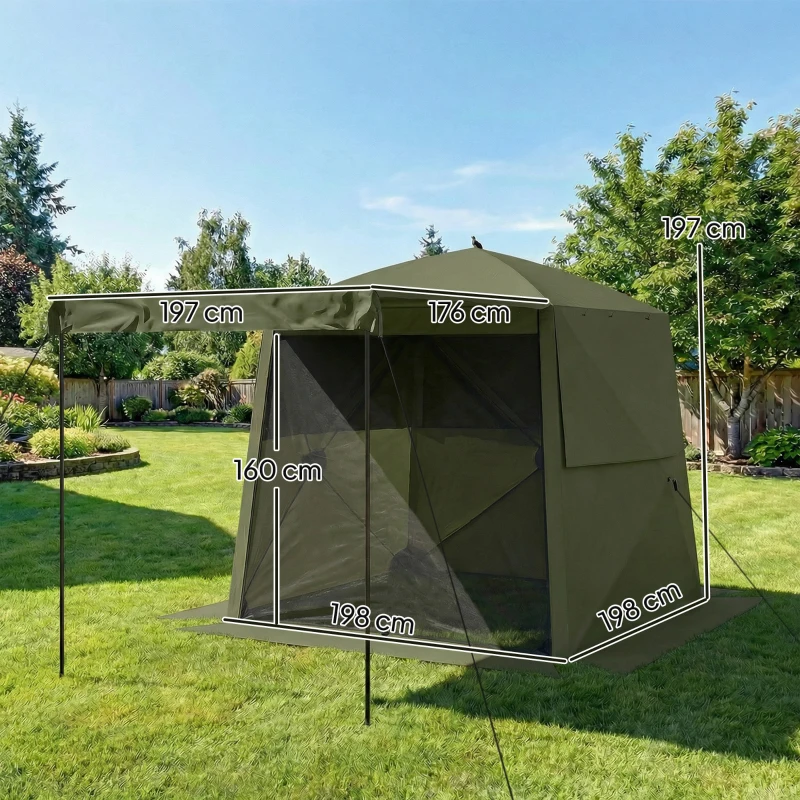 Outsunny Pop Up Canopy Waterproof Instant Shelter with Awning Mesh Windows for Camping Patio 2 x 2 m Army Green